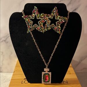 Gold Multicolor Pendant Necklace and Star Earrings